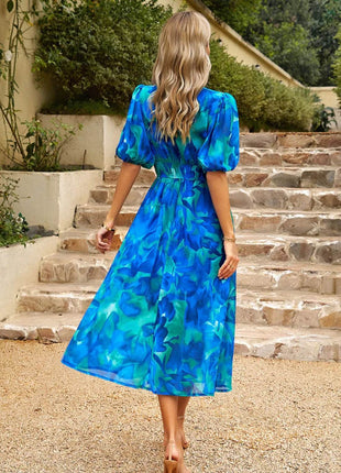 Printed Puff Sleeve Midi Dress - MimiStylez