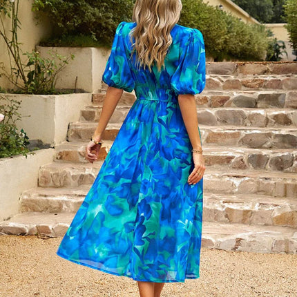 Printed Puff Sleeve Midi Dress - MimiStylez