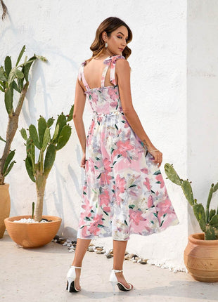 Smocked Printed Square Neck Midi Dress - MimiStylez