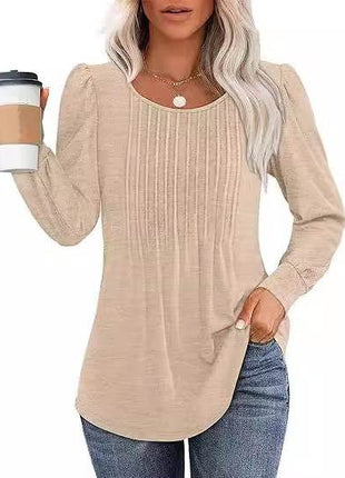 Women's Bubble Sleeve Waist Pleated Round Neck Long Sleeve T-shirt - MimiStylez