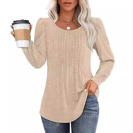 Women's Bubble Sleeve Waist Pleated Round Neck Long Sleeve T-shirt - MimiStylez