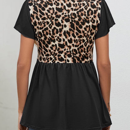 Leopard Round Neck Flutter Sleeve Babydoll Blouse - MimiStylez