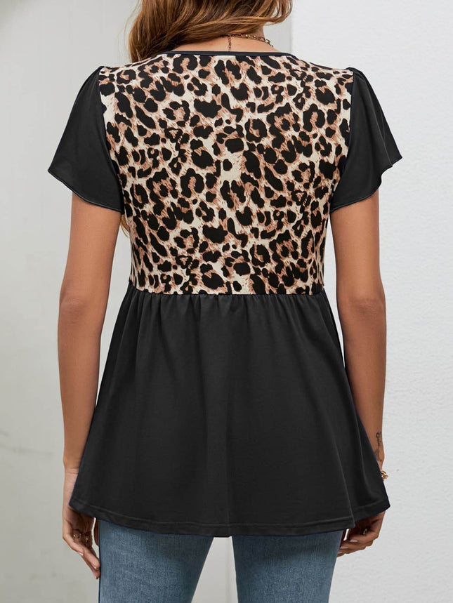 Leopard Round Neck Flutter Sleeve Babydoll Blouse - MimiStylez