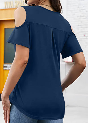 Full Size Half Zip Cold Shoulder Top - MimiStylez