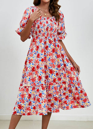 Smocked Floral Square Neck Short Sleeve Dress - MimiStylez