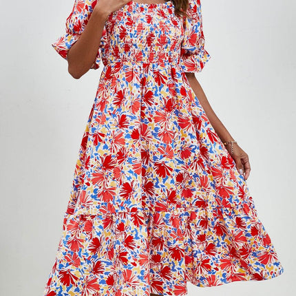 Smocked Floral Square Neck Short Sleeve Dress - MimiStylez