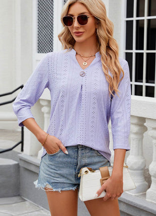 Eyelet Notched Knit Jacquard Top - MimiStylez