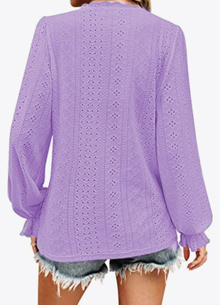 Eyelet V-Neck Flounce Sleeve Blouse - MimiStylez