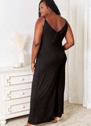 Double Take Full Size Soft Rayon Spaghetti Strap Tied Wide Leg Jumpsuit - MimiStylez