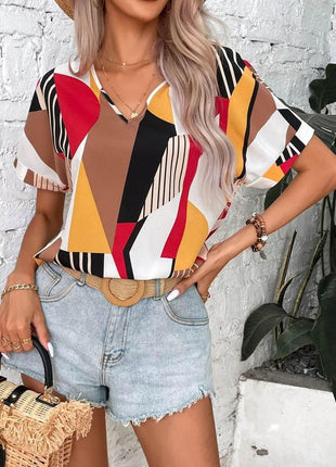 Printed V-Neck Short Sleeve Blouse - MimiStylez