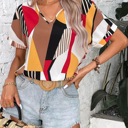 Printed V-Neck Short Sleeve Blouse - MimiStylez