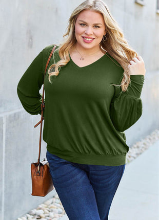Basic Bae Full Size V-Neck Lantern Sleeve Blouse - MimiStylez