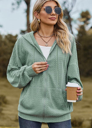 Drawstring Zip Up Dropped Shoulder Hoodie - MimiStylez