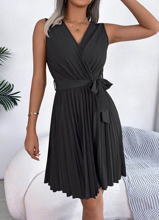 Tied Surplice Sleeveless Pleated Dress - MimiStylez