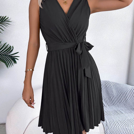 Tied Surplice Sleeveless Pleated Dress - MimiStylez