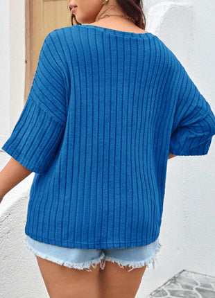 Plus Size V-Neck Ribbed Knit T-Shirt - MimiStylez