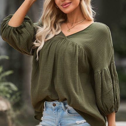 Dropped Shoulder V-Neck Blouse - MimiStylez