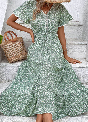 Ditsy Floral V-Neck Tiered Dress - MimiStylez