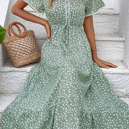 Ditsy Floral V-Neck Tiered Dress - MimiStylez