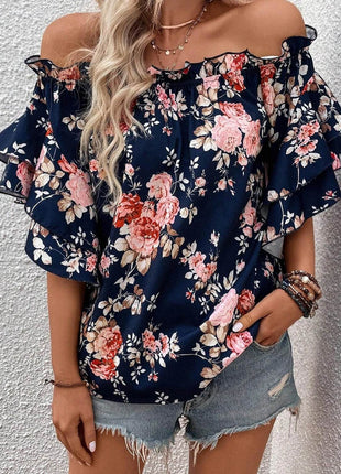 Printed Off-Shoulder Flounce Sleeve Blouse - MimiStylez