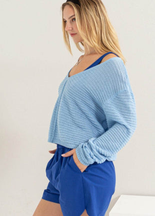 HYFVE V-Neck Stripe Texture Long Sleeve Top - MimiStylez