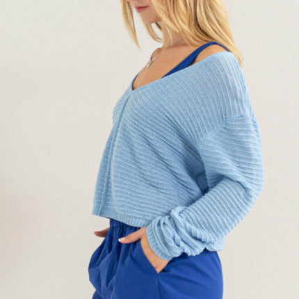 HYFVE V-Neck Stripe Texture Long Sleeve Top - MimiStylez