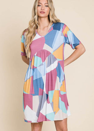 BOMBOM Ruched Color Block Short Sleeve Dress - MimiStylez