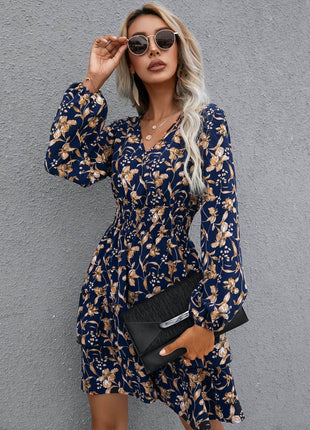 Floral Layered Surplice Balloon Sleeve Dress - MimiStylez
