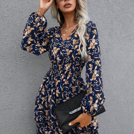 Floral Layered Surplice Balloon Sleeve Dress - MimiStylez