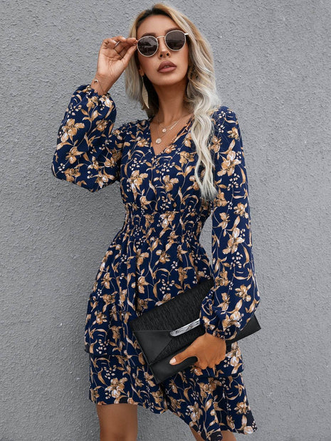 Floral Layered Surplice Balloon Sleeve Dress - MimiStylez