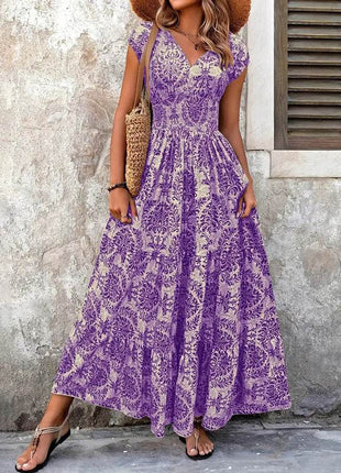 Women's Sexy V-Neck Short Sleeve Maxi Dress Summer Prints And Flowy Big Hem Beach Dresses - MimiStylez