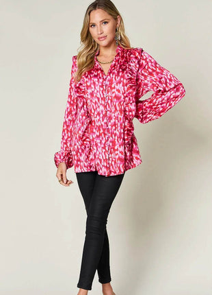 Double Take Full Size Printed Ruffle Trim Balloon Sleeve Shirt - MimiStylez