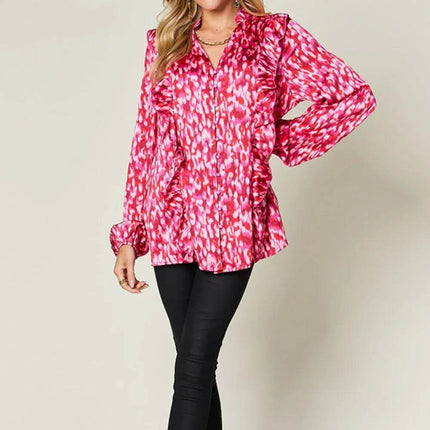 Double Take Full Size Printed Ruffle Trim Balloon Sleeve Shirt - MimiStylez