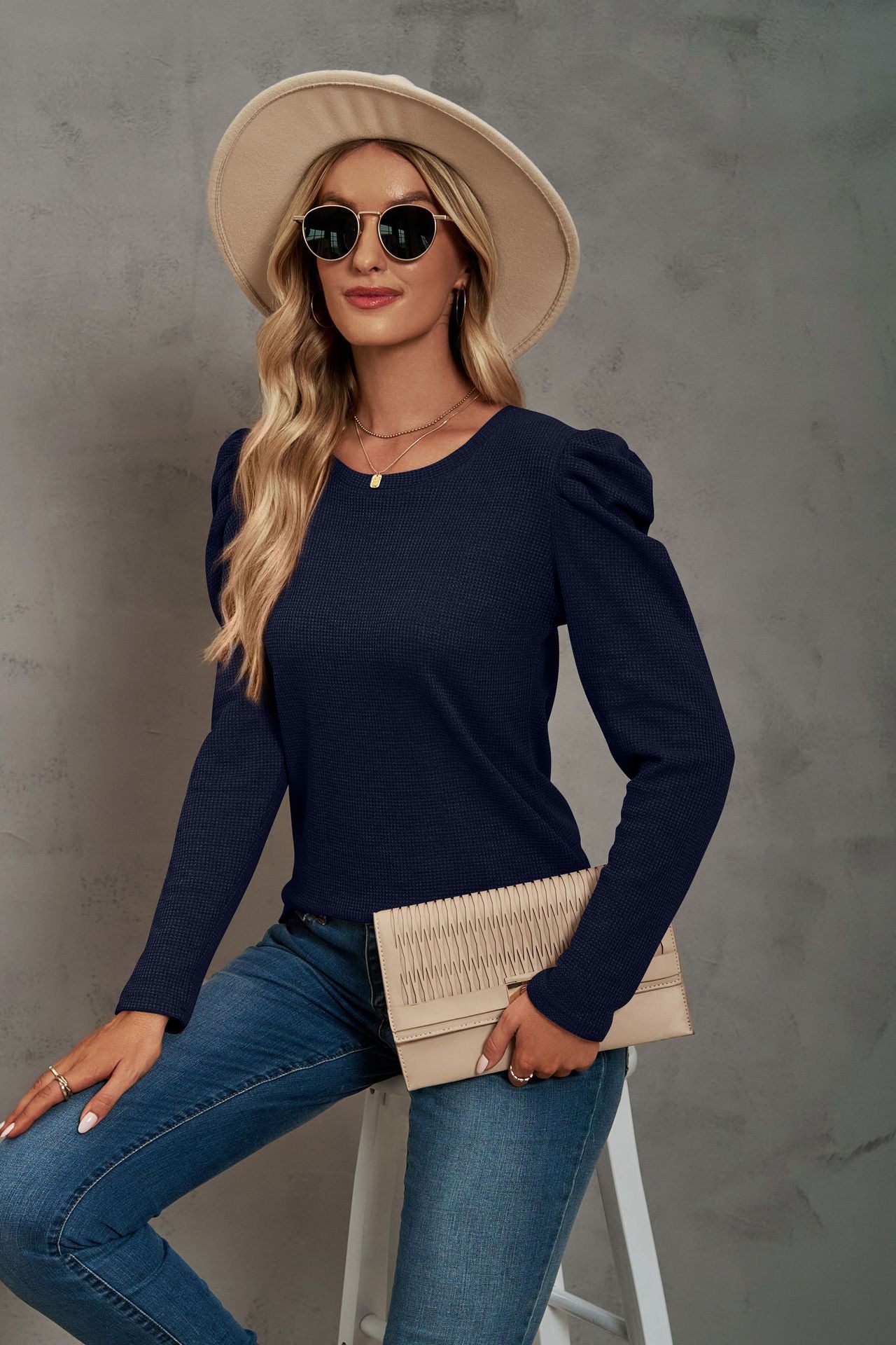 Waffle-Knit Puff Sleeve Round Neck Top