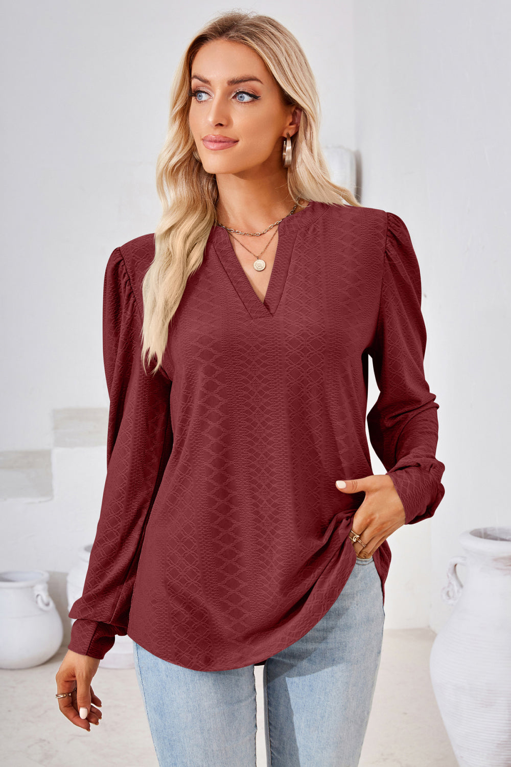 V-Neck Puff Sleeve Blouse