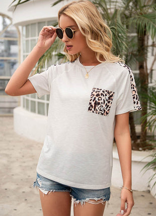 Pocketed Leopard Round Neck Short Sleeve T-Shirt - MimiStylez