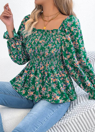 Floral Square Neck Flounce Sleeve Blouse - MimiStylez
