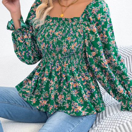 Floral Square Neck Flounce Sleeve Blouse - MimiStylez