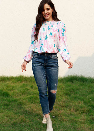 Floral Smocked Balloon Sleeve Round Neck Blouse - MimiStylez