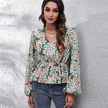 Floral V-Neck Balloon Sleeve Peplum Blouse - MimiStylez