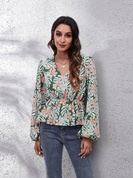 Floral V-Neck Balloon Sleeve Peplum Blouse - MimiStylez