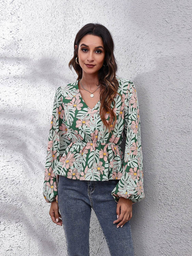Floral V-Neck Balloon Sleeve Peplum Blouse - MimiStylez
