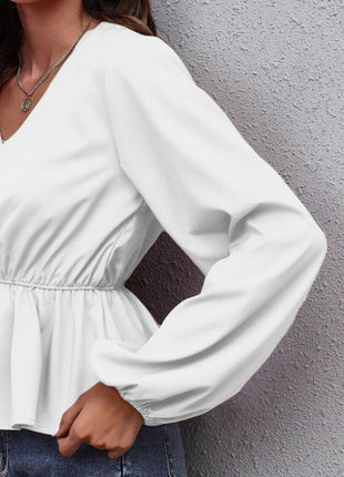 V-Neck Balloon Sleeve Peplum Blouse - MimiStylez