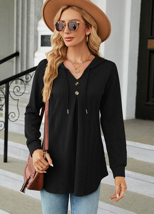 Decorative Button Drawstring Long Sleeve Hoodie - MimiStylez