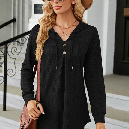 Decorative Button Drawstring Long Sleeve Hoodie - MimiStylez