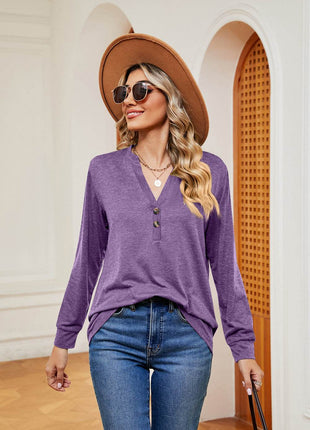 Buttoned Notched Neck Long Sleeve Top - MimiStylez