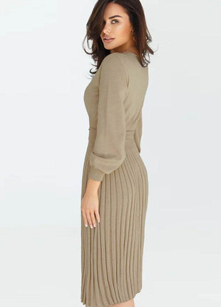 Round Neck Long Sleeve Pleated Sweater Dress - MimiStylez