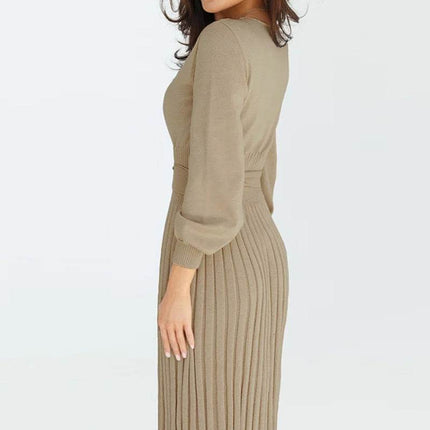 Round Neck Long Sleeve Pleated Sweater Dress - MimiStylez