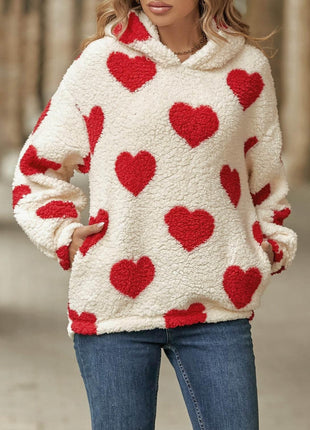 Fuzzy Heart Pocketed Dropped Shoulder Hoodie - MimiStylez