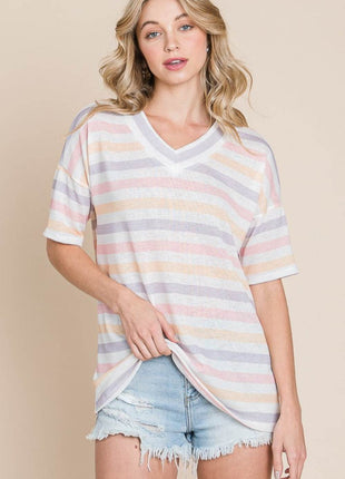 BOMBOM Striped V-Neck Short Sleeve T-Shirt - MimiStylez